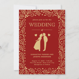 Luxury Red & Antique-Gold Wedding Kaart