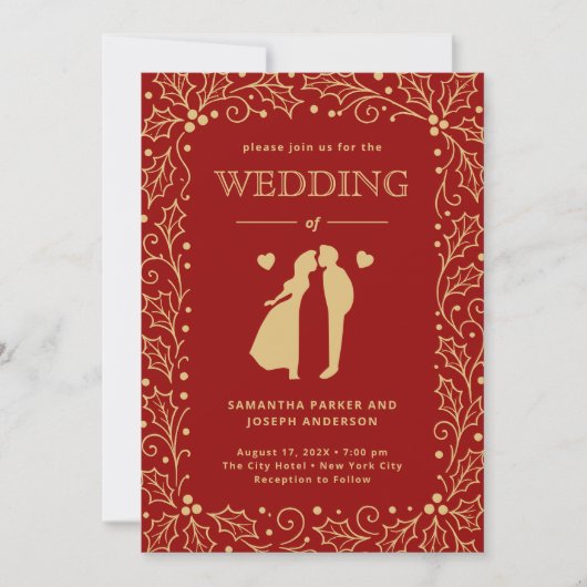 Luxury Red & Antique-Gold Wedding Kaart (Voorkant)