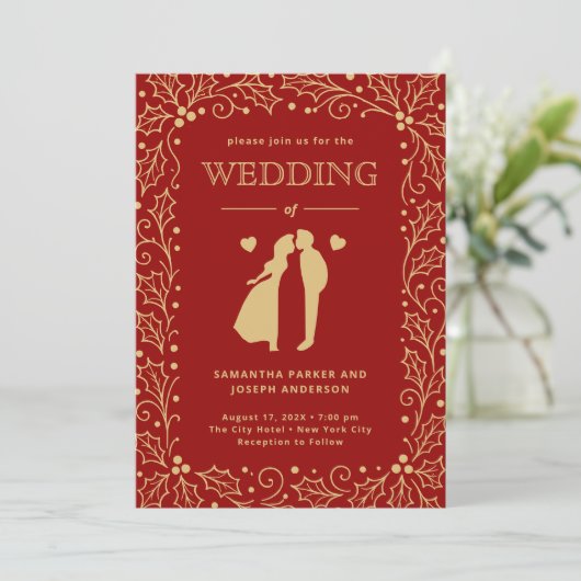 Luxury Red & Antique-Gold Wedding Kaart (Staand voorkant)