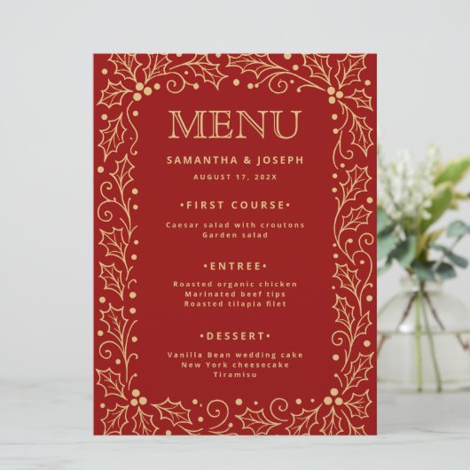 Luxury Red & Antique-Gold Wedding Menu Card (Staand voorkant)