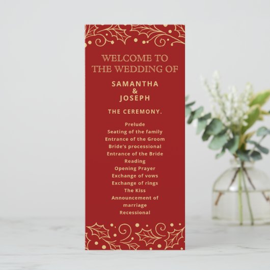 Luxury Red & Antique-Gold Wedding Program Card (Staand voorkant)