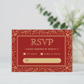 Luxury Red & Antique-Gold Wedding RSVP Kaartje (Staand voorkant)
