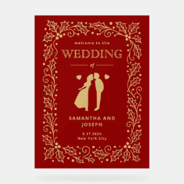 Luxury Red & Antique-Gold Wedding Welcome Acryl Bord