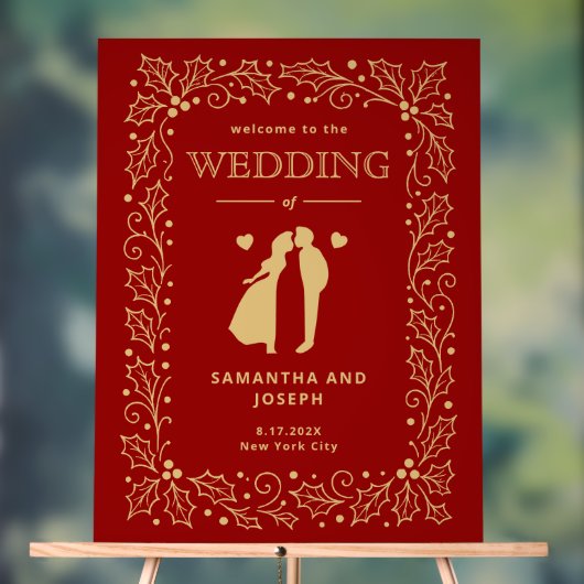 Luxury Red & Antique-Gold Wedding Welcome Acryl Bord (Neutraal)