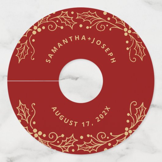 Luxury Red & Antique-Gold Wedding Wijnglaslabel (Voorkant)