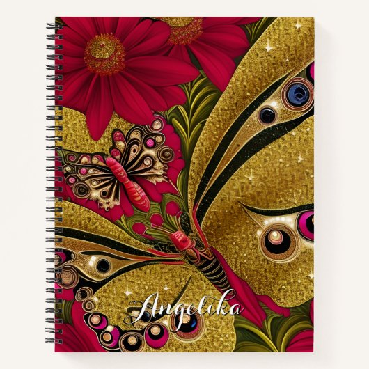Luxury Red en Gold Butterfly - Aangepaste naam Notitieboek (Voorkant)