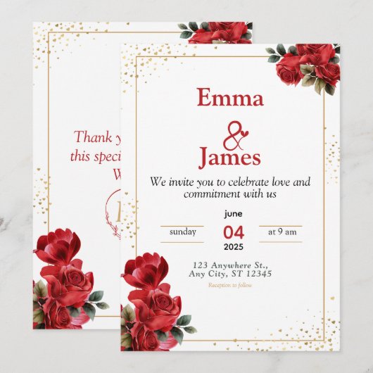 Luxury Red Floral Wedding Invitation Kaart (Voorkant / Achterkant)