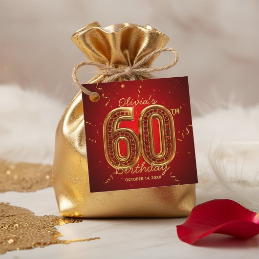 Luxury Red & Gold Glitter Ruby Jewel 60th Birthday Bedankjes Labels