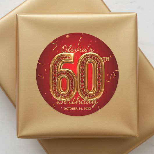 Luxury Red Gold Ruby Gem Glam 60th Birthday Ronde Sticker