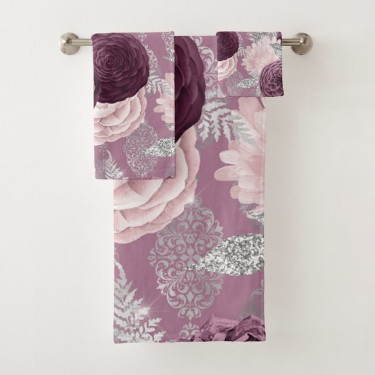LUXURY RED PINK FLORAL HAMPTON TOWEL SET BAD HANDDOEK (Insitu)