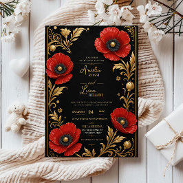 Luxury Red Poppy Black and Gold Floral Elegant Acryl Uitnodigingen