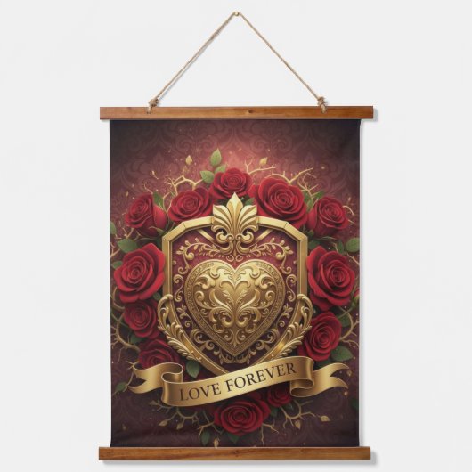 Luxury Red Rose Gold Heart Wall Tapestry Hangend Wandkleed (Voorkant)