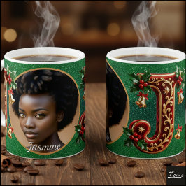 Luxury Red Velvet Gold Christmas Letter J Koffiemok