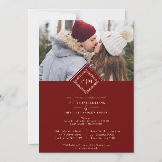 Luxury Red Wedding Initials Ornamental Flourish Magnetische Uitnodiging (Voorkant)