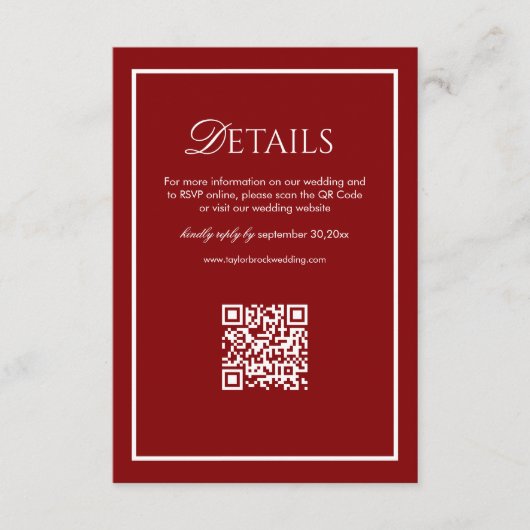 Luxury Retro Burgundy Wedding Details Qr Code Informatiekaartje (Voorkant)