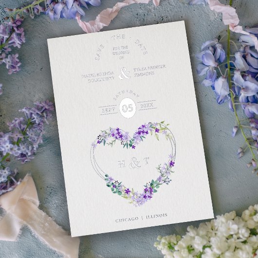 Luxury Romantic Botanical Floral Lavender Heart Folie Uitnodiging