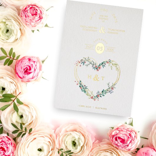 Luxury Romantic Botanical Floral Pink Shades Heart Folie Uitnodiging