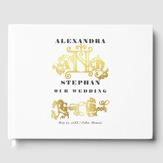 Luxury Romantic Flourish Calligraphy Wedding Gold Gastenboek (Voorkant)