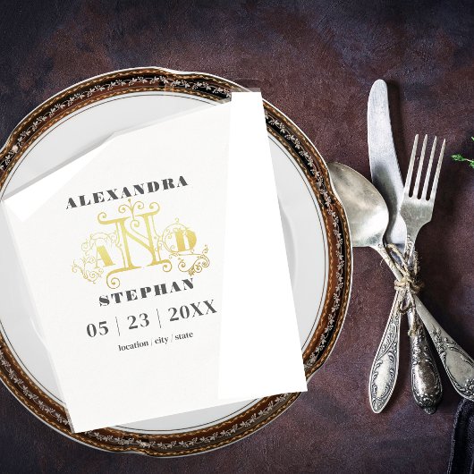 Luxury Romantic Flourish Calligraphy Wedding Gold Servet