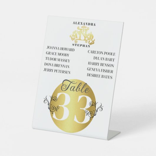 Luxury Romantic Flourish Wedding Gold Table Number Reclamebord Met Voetstuk (Voorkant)