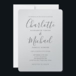 Luxury Romantic Silver Metallic Script Weddenschap Kaart<br><div class="desc">Met kenmerkende stijlnamen kan deze elegante huwelijksuitnodiging worden gepersonaliseerd met uw informatie in chique grijze letters op een zilveren metallic kaart. Ontworpen door Thisnotme©</div>