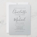 Luxury Romantic Silver Metallic Script Weddenschap Kaart<br><div class="desc">Met kenmerkende stijlnamen kan deze elegante huwelijksuitnodiging worden gepersonaliseerd met uw informatie in chique grijze letters op een zilveren metallic kaart. Ontworpen door Thisnotme©</div>