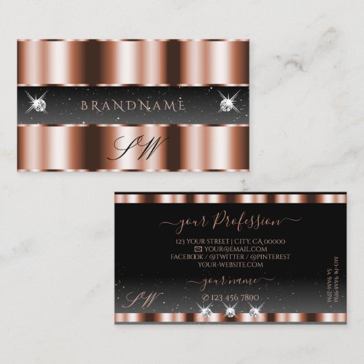 Luxury Roos Gold Black Sparging Diamonds Initialen Visitekaartje (Voorkant / Achterkant)