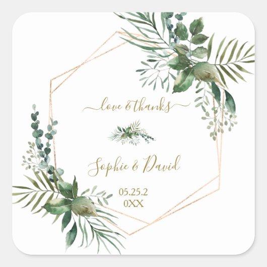 Luxury Roos Gold Geometric Greenery Wedding Vierkante Sticker (Voorkant)
