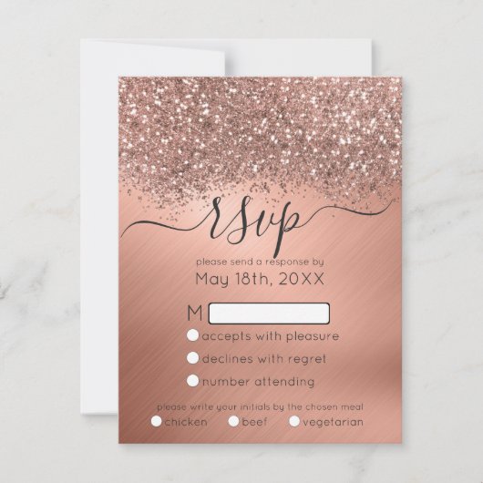 Luxury Roos Gold Glitter Confetti Metallic Wedding RSVP Kaartje (Voorkant)