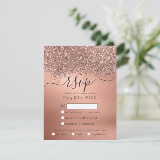 Luxury Roos Gold Glitter Confetti Metallic Wedding RSVP Kaartje (Staand voorkant)