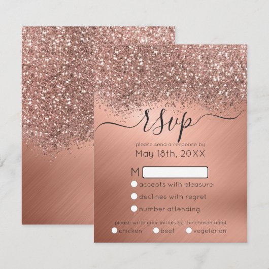 Luxury Roos Gold Glitter Confetti Metallic Wedding RSVP Kaartje (Voorkant / Achterkant)