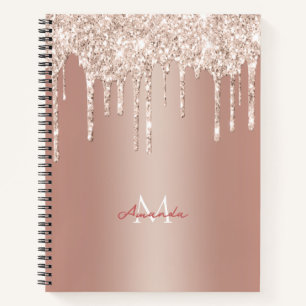 Luxury Roos Gold Glitter Drip met naam/Monogram N Notitieboek