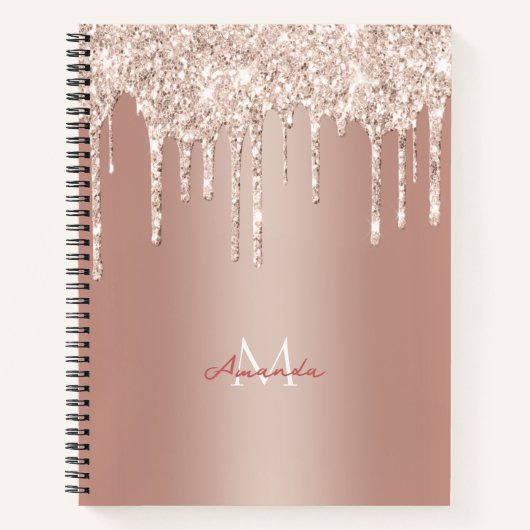 Luxury Roos Gold Glitter Drip met naam/Monogram N Notitieboek (Voorkant)