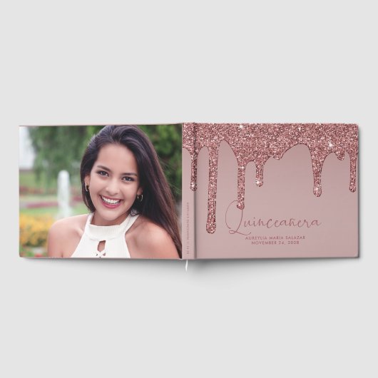 Luxury Roos Gold Glitter schrijft Quinceanera-foto Gastenboek (Volledig)