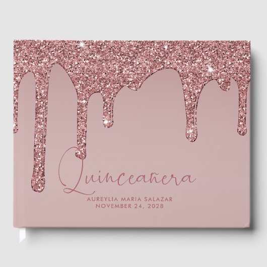 Luxury Roos Gold Glitter schrijft Quinceanera-foto Gastenboek (Voorkant)