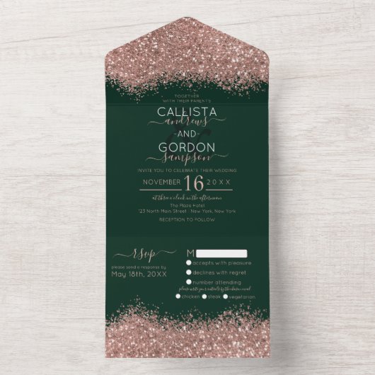 Luxury Roos Gold Green Glitter Confetti Wedding Al All In One Uitnodiging (Binnen)