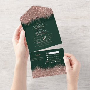 Luxury Roos Gold Green Glitter Confetti Wedding Al All In One Uitnodiging