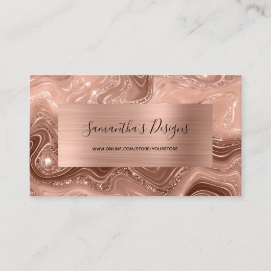 Luxury Roos Gold Marble Agate Glam Folie Visitekaartje (Voorkant)
