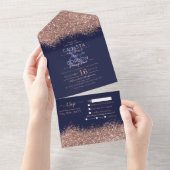 Luxury Roos Gold Navy Glitter Confetti Wedding All In One Uitnodiging (Afscheurbaar)