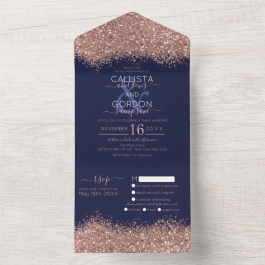 Luxury Roos Gold Navy Glitter Confetti Wedding All In One Uitnodiging (Binnen)