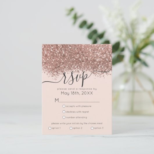Luxury Roos Gold Pink Glitter Confetti Wedding RSVP Kaartje (Staand voorkant)