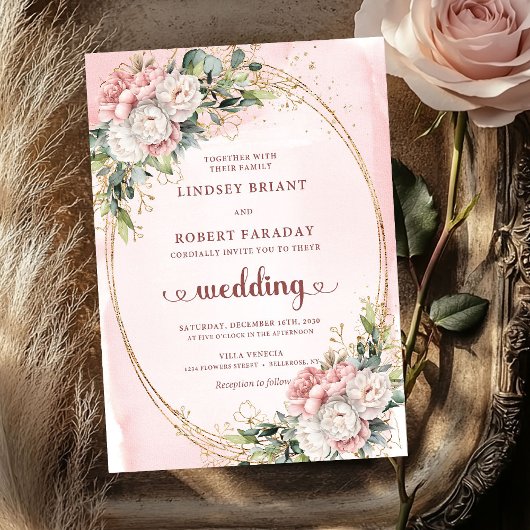 Luxury Rose Gold Blush Floral Wedding Invitation Kaart