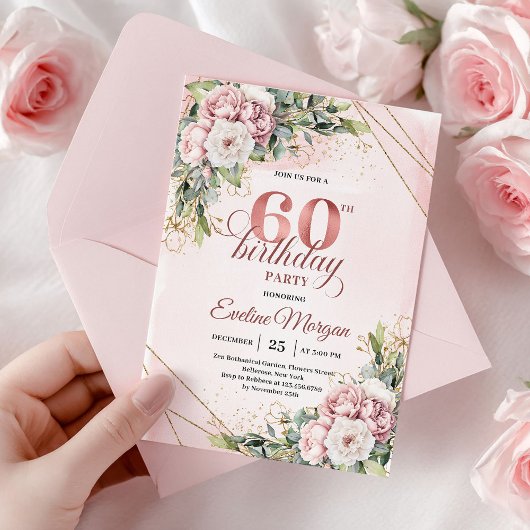 Luxury Rose Gold Blush Pink Floral 60th Birthday Kaart