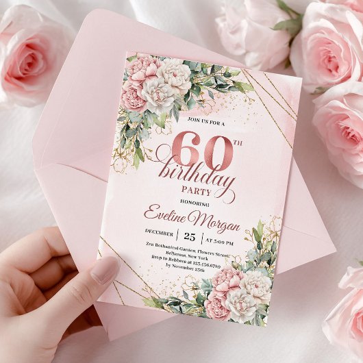 Luxury Rose Gold Dusty Pink 60th Birthday Invite Kaart
