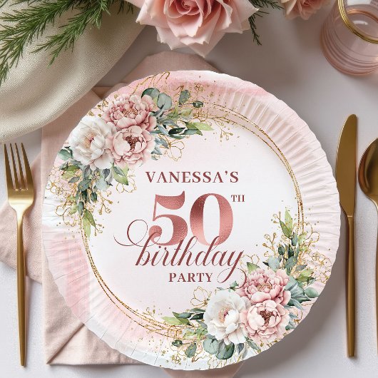 Luxury Rose Gold Peonies 50th Birthday Party Plate Papieren Bordje