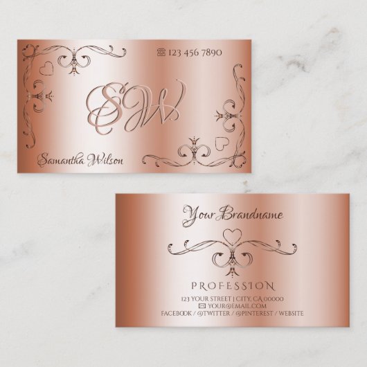 Luxury Rosegold Corner Borders en Initialen Visitekaartje (Voorkant / Achterkant)