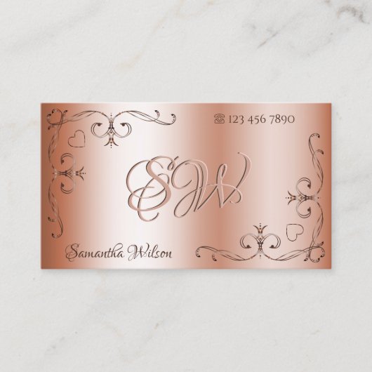 Luxury Rosegold Corner Borders en Initialen Visitekaartje (Voorkant)