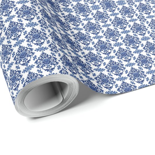 Luxury Royal Blue and White Baroque Floral Pattern Cadeaupapier (Rol Hoek)