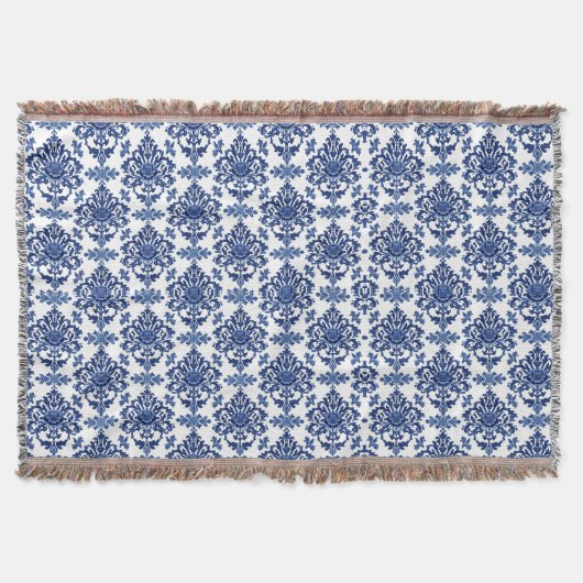 Luxury Royal Blue and White Baroque Floral Pattern Deken (Voorkant)