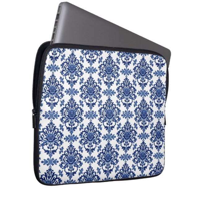 Luxury Royal Blue and White Baroque Floral Pattern Laptop Sleeve (Voorkant Rechts)